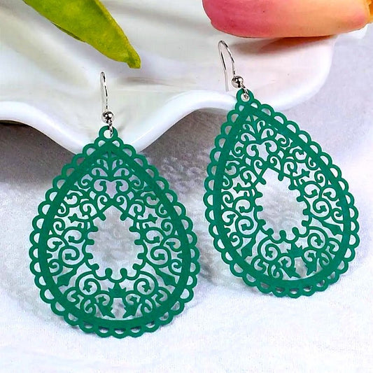 Ophelia Sweets Green Filigree Teardrop Water Drop Dangle Earrings Gift Packaged