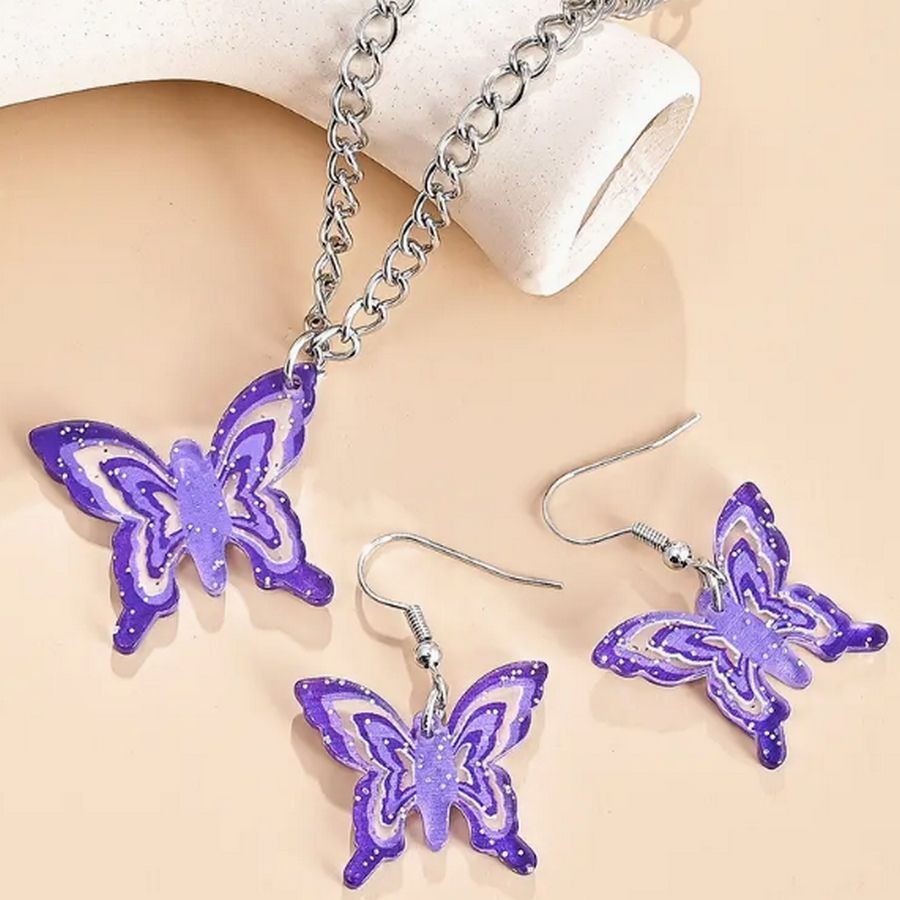 Briella Jesse Colorful Pink Butterfly Necklace and Earrings Set Gift Packaged