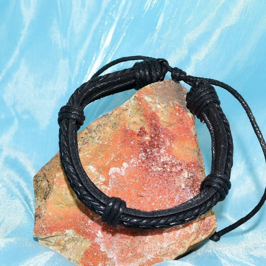 Michael Diego Mens Braid Layered Sliding Tie Leather Bracelet Black Gift Packaged