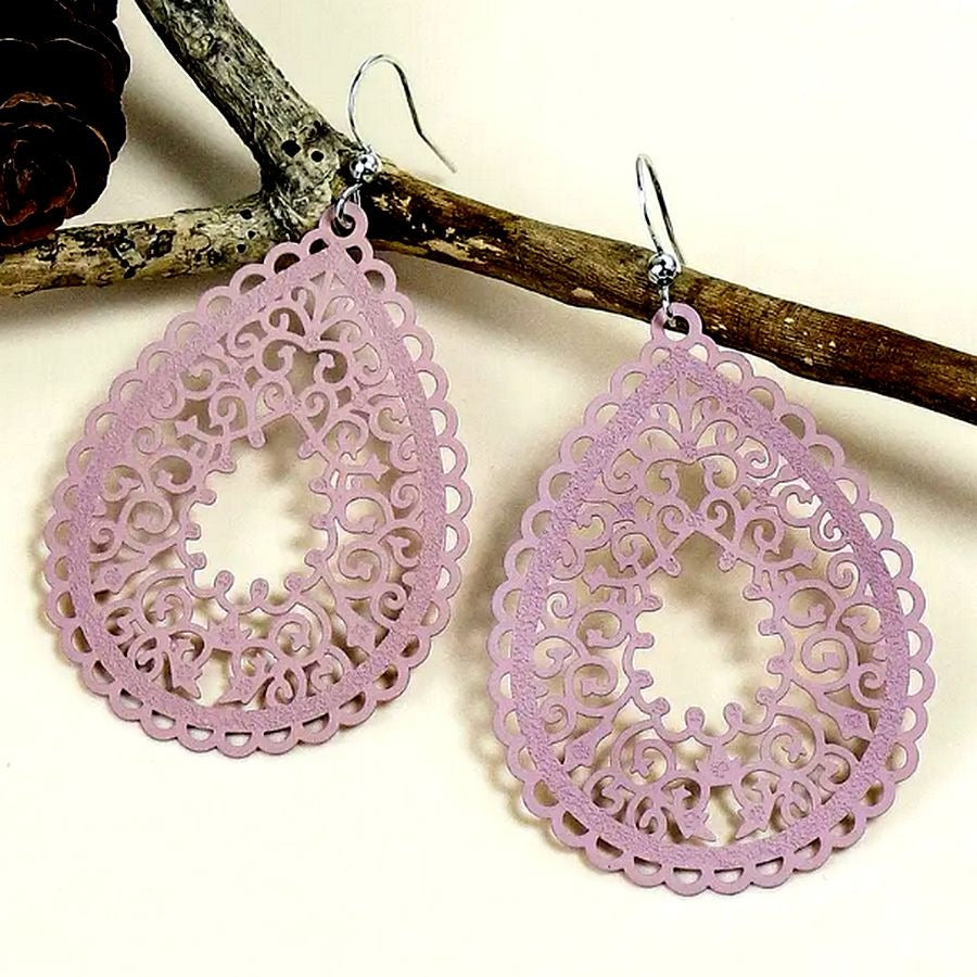 Ophelia Sweets Mauve Pink Filigree Teardrop Water Drop Earrings Gift Packaged