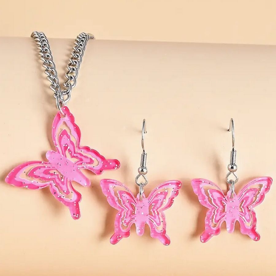 Briella Jesse Colorful Pink Butterfly Necklace and Earrings Set Gift Packaged