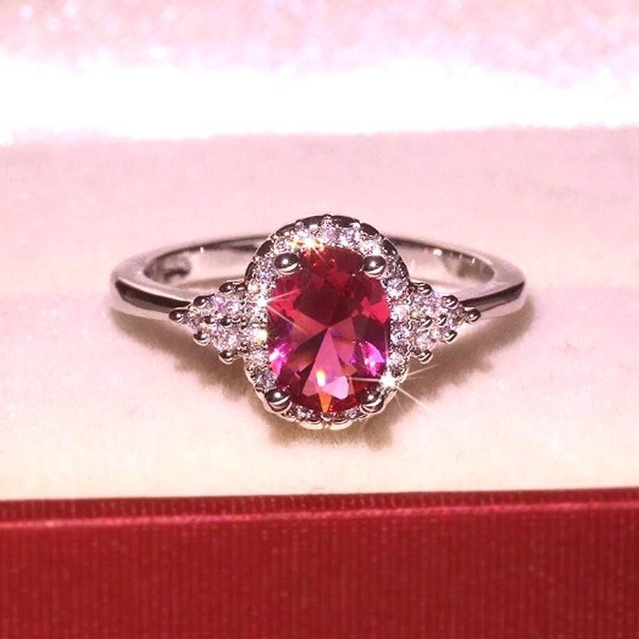 Valentinia Womens Size 7 Oval Faceted Pink Gemstone Silver Ring Gift Boxed