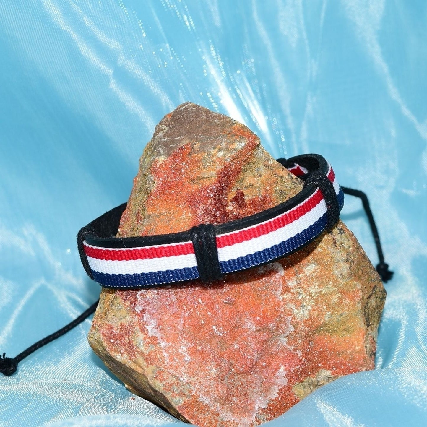 Rey Ribbon Womens Slide Tie Leather Bracelet Red White Blue Stripe Gift Packaged