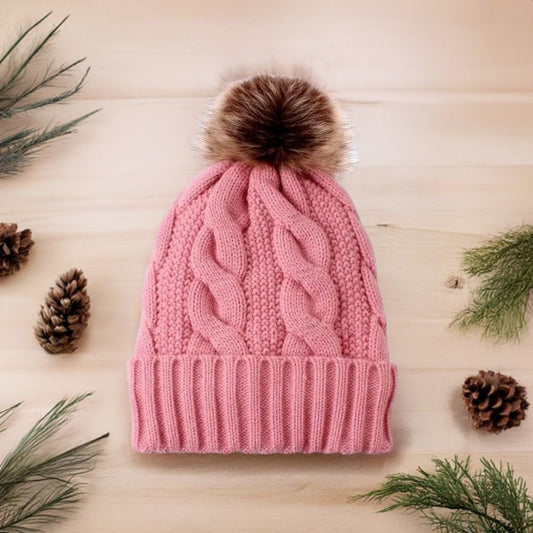 Haylee Glenn Pink Fleece Lined Cable Knit Fur Pom Pom Beanie Hat