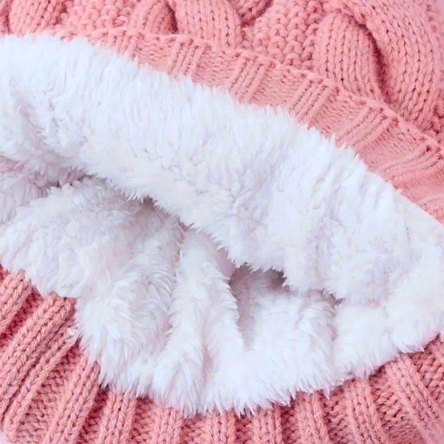 Haylee Glenn Pink Fleece Lined Cable Knit Fur Pom Pom Beanie Hat