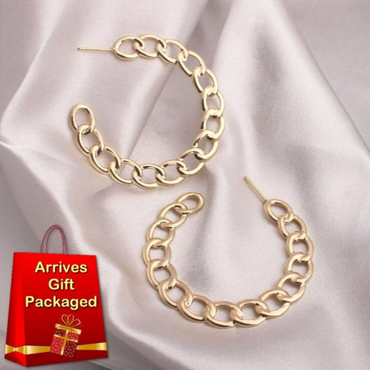 Alyssa Leanna Gold Stationary Link Design Hoop Post Earrings Gift Packaged