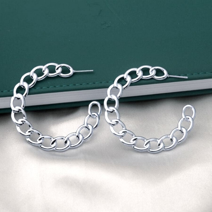 Alyssa Leanne Silver Stationary Link Design Hoop Post Earrings Gift Packaged