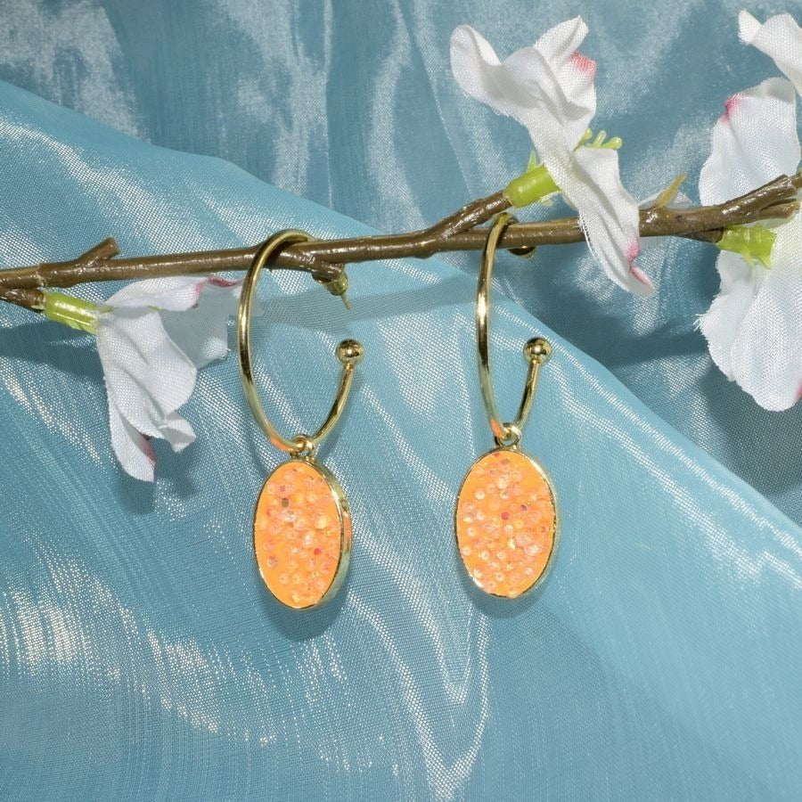 Peyton Sparkles Coral Orange Oval Sugar Crystal Drop Hoop Earrings Gift Packaged