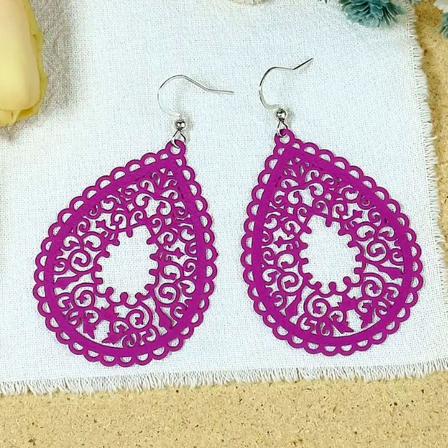 Ophelia Sweets Magenta Pink Filigree Teardrop Water Drop Earrings Gift Packaged