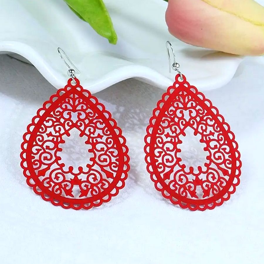 Ophelia Sweets Red Filigree Teardrop Water Drop Dangle Earrings Gift Packaged